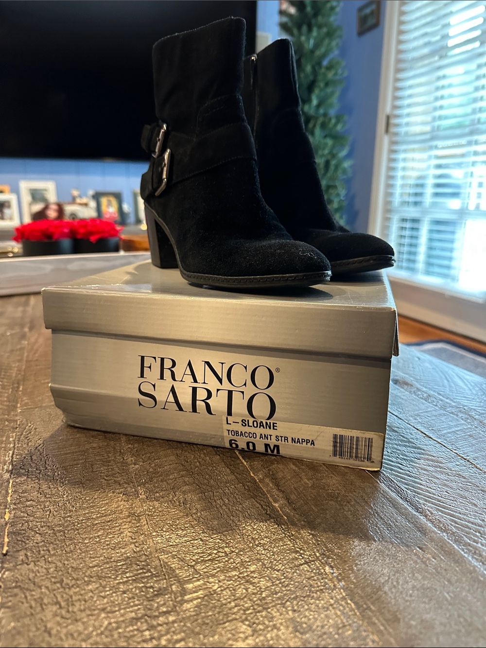 Franco Sarto Black Suede Ankle Booties with Buckle Detail